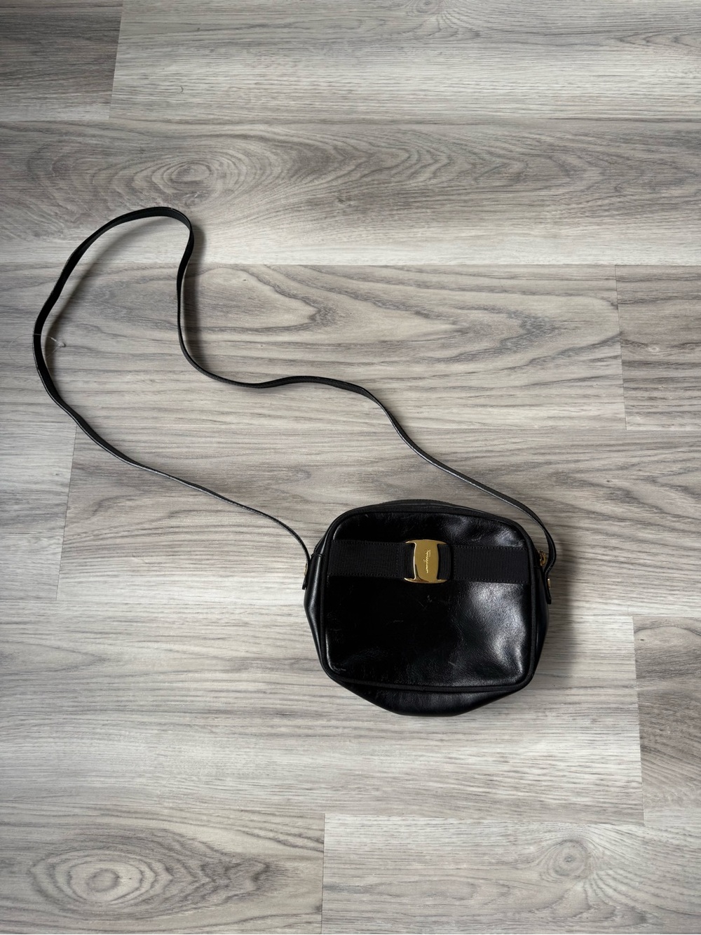 Vintage Salvatore Ferragamo Black Leather Crossbody with Gold Gancini